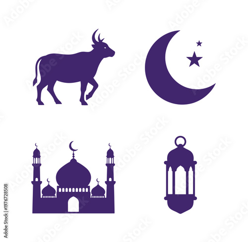 purple silhouettes of bull mosque lantern and crescent moon with stars