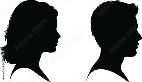 Картината върху платно Black silhouette profiles of a woman and a man facing each other