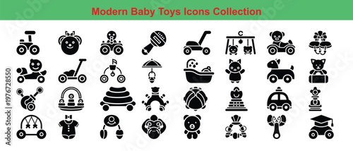A collection of modern baby toys icons featuring various objects including a bicycle, apple, drum, baby carriage, teddy bear, rocking horse, and blocks, arranged in rows on a white background.