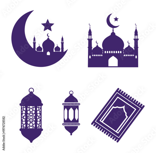 Ramadan Kareem Islamic symbols and mosque architecture silhouette icons  religious and cultural motifs