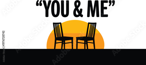 Two chairs facing each other on black platform with orange sun