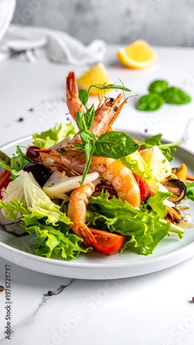 Close-up of gourmet seafood salad with prawns, tomato, lemon on plate