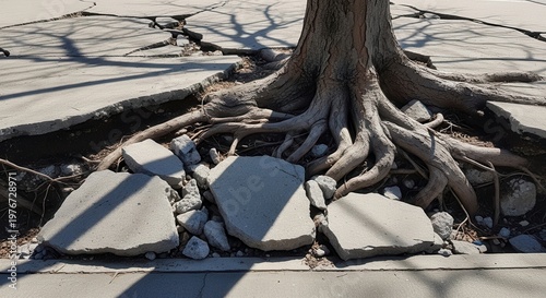 Tree Roots Growing Through Cracked Concrete Surface in Urban Environment