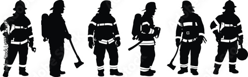 Six Firefighter Silhouettes With Tools And Gear rescue