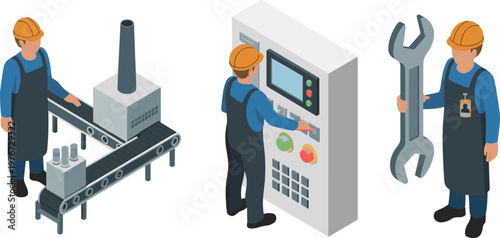 Isometric industrial workers operating machinery and control panel with tools for manufacturing production design