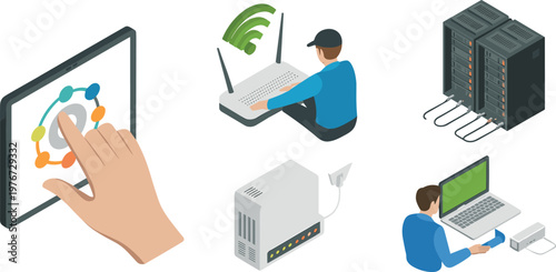 Isometric network setup and internet technology illustration with router server and connected devices for IT systems