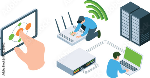 Isometric network setup and internet technology illustration with router server and connected devices for IT systems