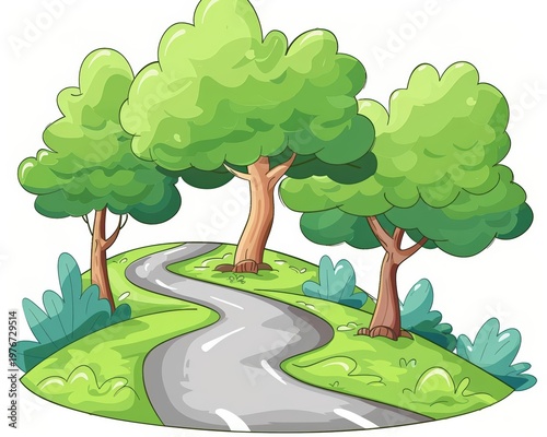 A cute cartoon Style ofA scenic road winding through a lush green forest