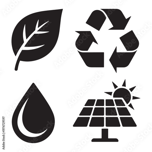 Set of four black icons representing environmental sustainability and renewable energy sources.