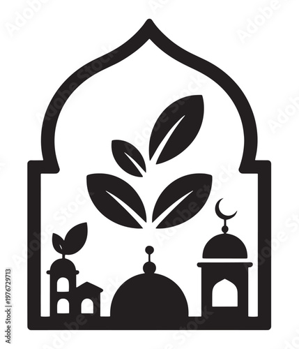 Black silhouette icon of Islamic architecture framing plants and a crescent moon, symbolizing faith and nature.