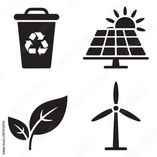 Set of four black icons representing environmental sustainability and renewable energy sources.