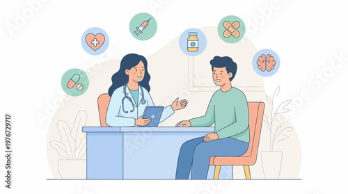 Professional doctor sitting at a desk and discussing medical treatment plans with her male patient in this colorful vector illustration for modern healthcare communication visual concepts