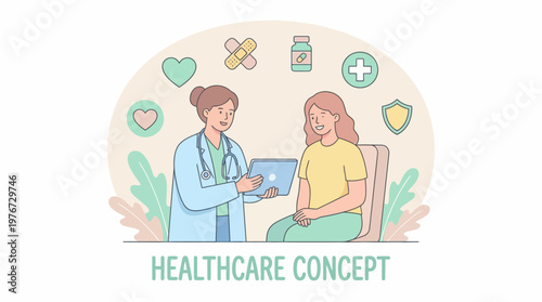 Professional female doctor showing medical information on a digital tablet to her patient in this colorful and simple vector graphic design for modern healthcare communication concepts