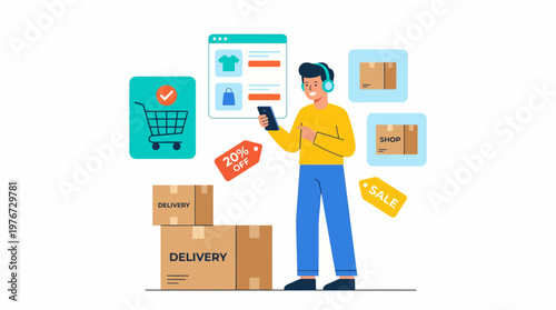 Young man with headphones shops online via smartphone, surrounded by e-commerce icons like shopping cart, delivery boxes, and discount tags in vector illustration.