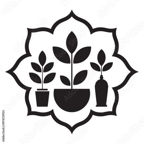 Black silhouette of three potted plants with leaves inside an ornamental frame, symbolizing growth.