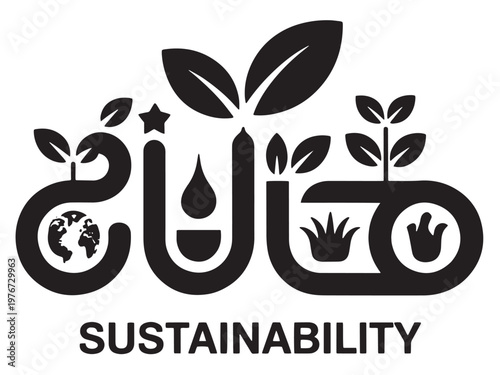 Black graphic design with the word Sustainability, featuring plants, globe, water drop, and earth.