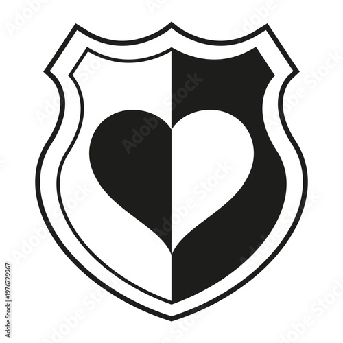 Illustration of a black and white shield with a laurel wreath and a red ribbon with a heart on a white background