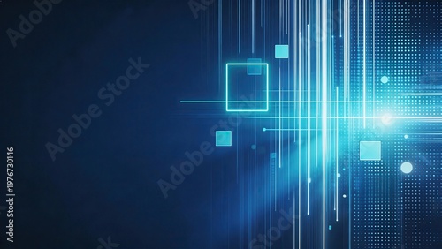 Futuristic blue digital background with glowing lines neon squares and light dots abstract technology concept for innovation data network and cyber security design