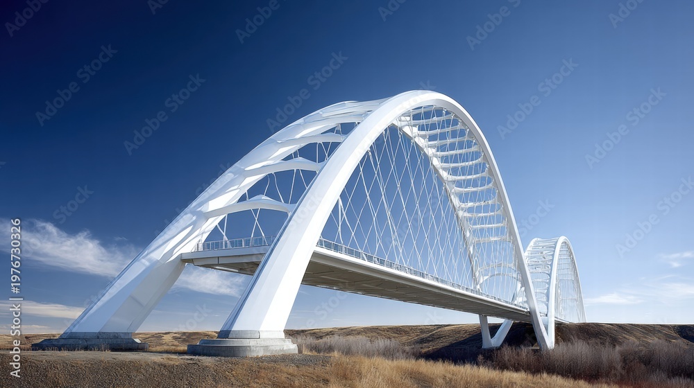 Obraz premium A modern white bridge arches gracefully against a clear blue sky.