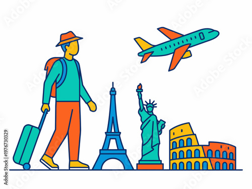 Minimalist vector graphic design showing a male tourist pulling his rolling suitcase while walking past famous international world travel landmarks under a soaring commercial airplane