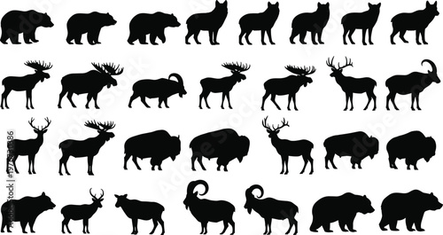 Wild animal silhouettes collection, North American wildlife vector, forest mammal icons, bear moose deer wolf outline set, nature design, black art