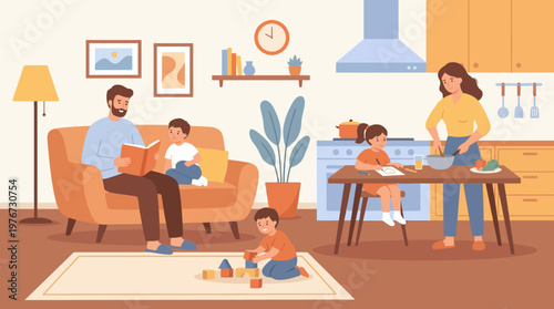 A delightful vector graphic illustration depicting a happy family engaging in various daily activities and enjoying quality time together at home.