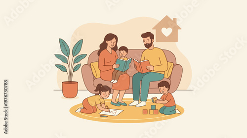 Vector graphic illustration of a happy family reading books and playing together in a cozy living room, depicting warm bonding and quality time.