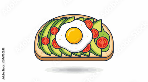 Delicious and nutritious avocado toast with a perfectly fried egg and sliced red tomatoes on a rustic slice of bread, a healthy breakfast vector illustration.