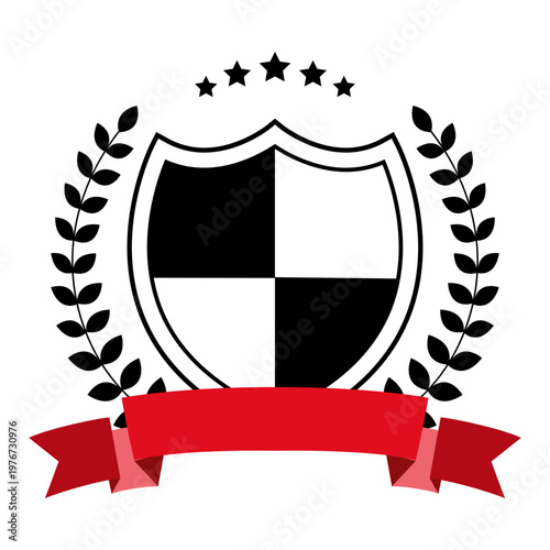 Illustration of a black and white shield with a laurel wreath and red ribbon on a white background