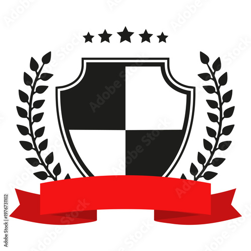 Illustration of a black and white shield with a laurel wreath and red ribbon on a white background