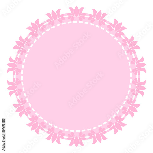 Illustration of a pink floral round frame with pink flowers silhouettes on a white background
