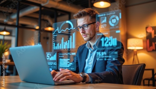 A young male startup founder in casual smart attire interacting with a floating holographic data vis