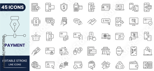 Payment icon set in outline style. Editable stroke. Vector icon collection.