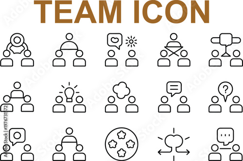Team icon set with various business and communication symbols and people icons