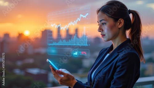 A female analyst in a dark navy suit using augmented reality financial charts projected above her sm