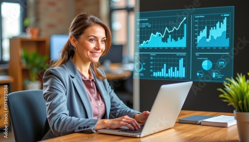 A confident woman in business casual outfit reviewing digital growth charts projected in mid air fro