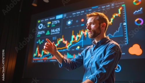 A male financial advisor standing in front of a dark studio background interacting with glowing holo