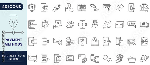 Payment methods icon set in outline style. Editable stroke. Vector icon collection.