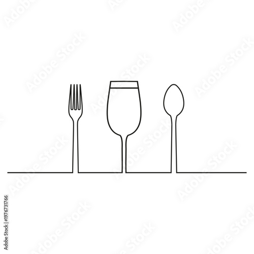 Continuous one line illustration of cutlery and wine glass on white background.