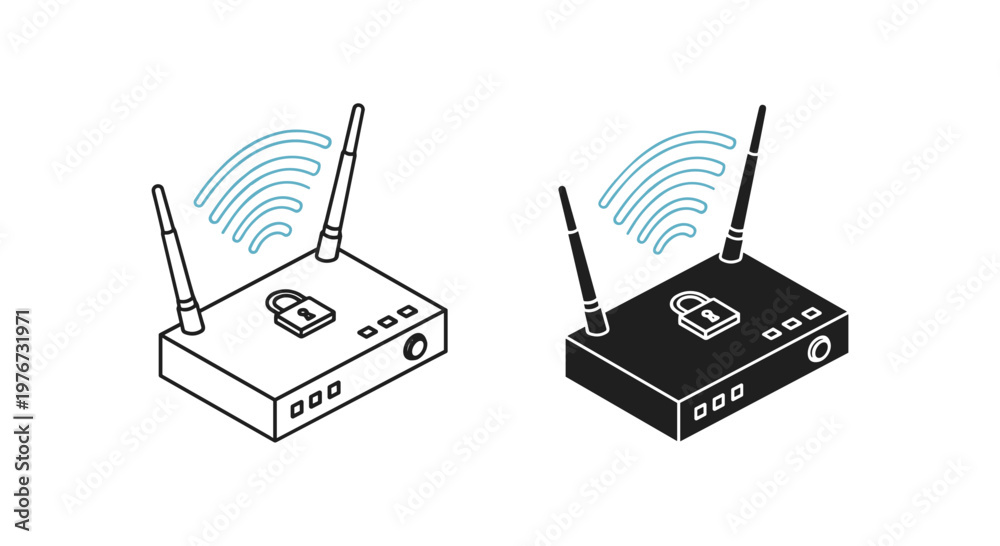 Fototapeta premium Isometric wireless router icons with security lock, secure wifi modem vector set, network hardware for internet connection and data protection