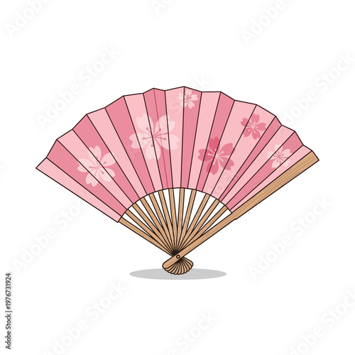 Elegant pink and white decorative folding fan with intricate floral design on a light background