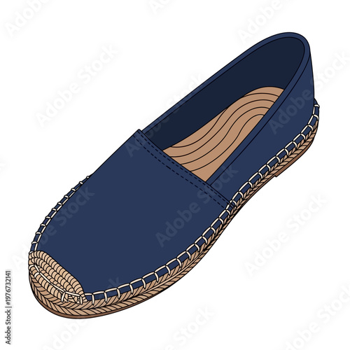 Stylish navy blue slip-on espadrille with woven rope detailing and tan sole