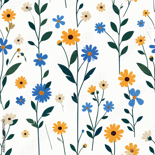 Vintage Wildflower Stem Stitch Seamless Pattern