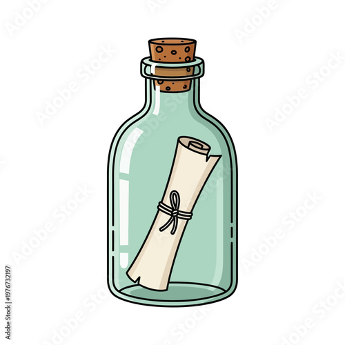 A vintage bottle containing an ancient rolled-up parchment with a cork stopper.