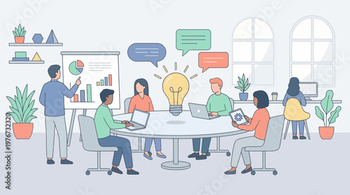 Professional team members collaborating during a creative business meeting with a central glowing lightbulb symbol representing new innovative ideas in this colorful flat vector graphic illustration