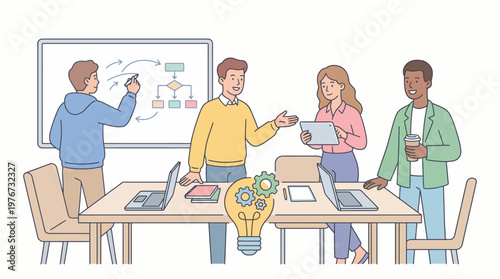 Diverse business team collaborating in a modern office meeting, developing innovative ideas and strategies while one colleague illustrates a workflow diagram on a whiteboard.