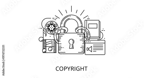 Digital Copyright Protection and Content Security Padlock Vector Line Art Illustration