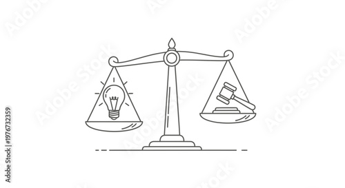 Intellectual Property Law Concept Illustration with Light Bulb and Gavel on Balance Scale Vector