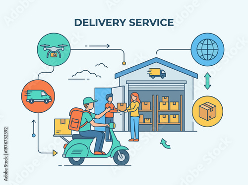 Flat vector illustration showing an efficient delivery service system with workers handling packages at a warehouse and using scooters drones and trucks for fast transport