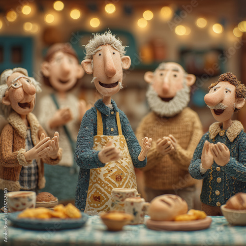 Warm lights glow softly behind smiling villagers. Joyful group claps, gathered around a shared meal. They wear cozy clothes and aprons, sharing bread and snacks. Their faces show delight